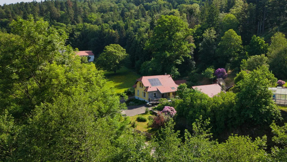 Hameau vosgien entouré de forêt, vu du ciel