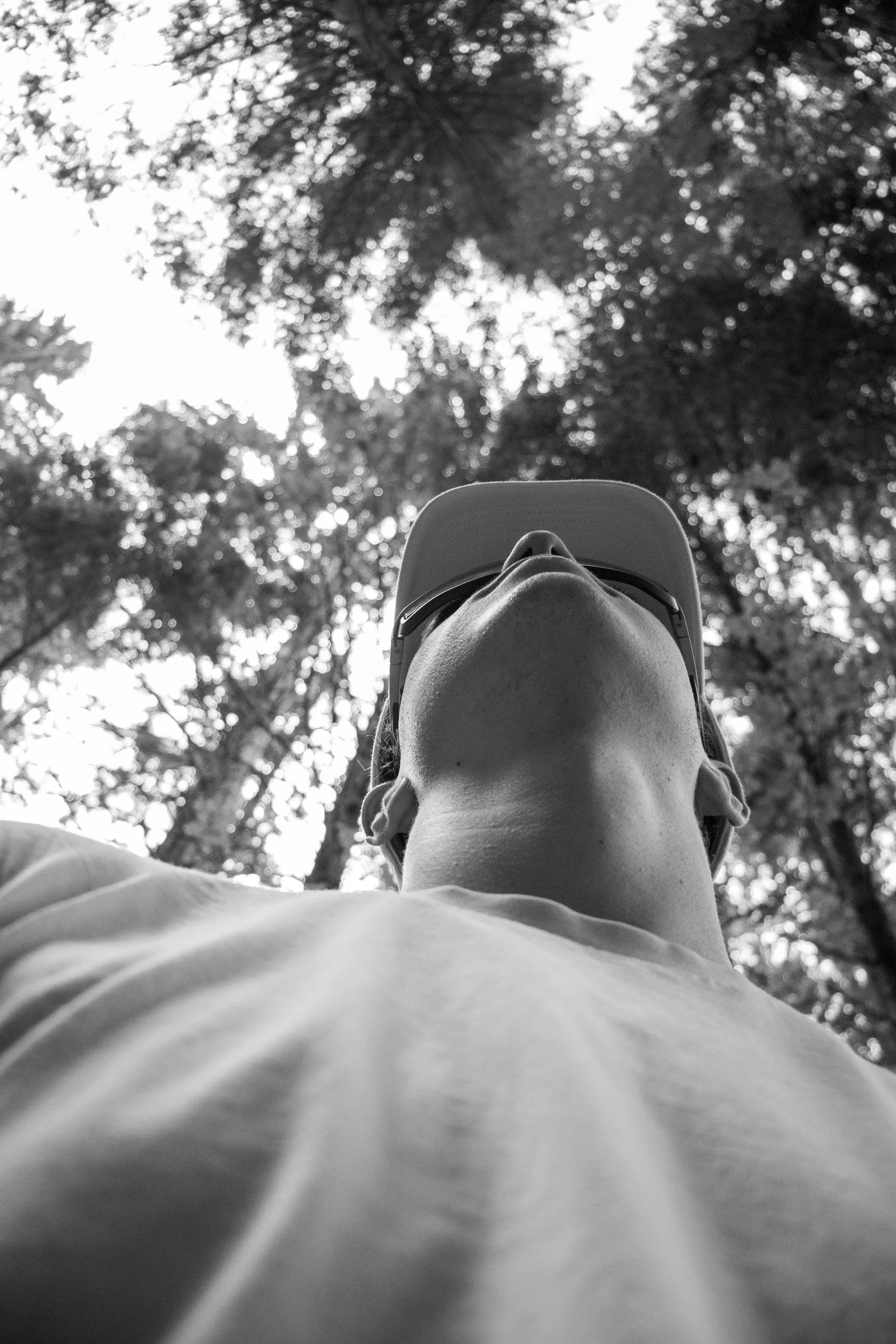 Titouan Thiriet en contre-plongée sous les sapins vosgiens, casquette et lunettes de soleil